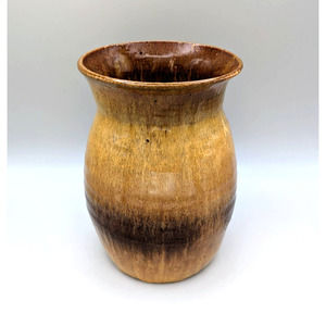 Signed dated vintage early 80s studio pottery vase, tan & brown, glossy glaze